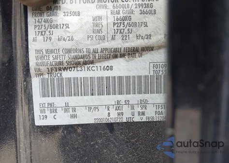 2001 Ford F-150 Harley-Davidson Edition/King Ranch Edition/Lariat/Xlt z USA, uszkodzony, nr VIN 1FTRW07L31KC11608